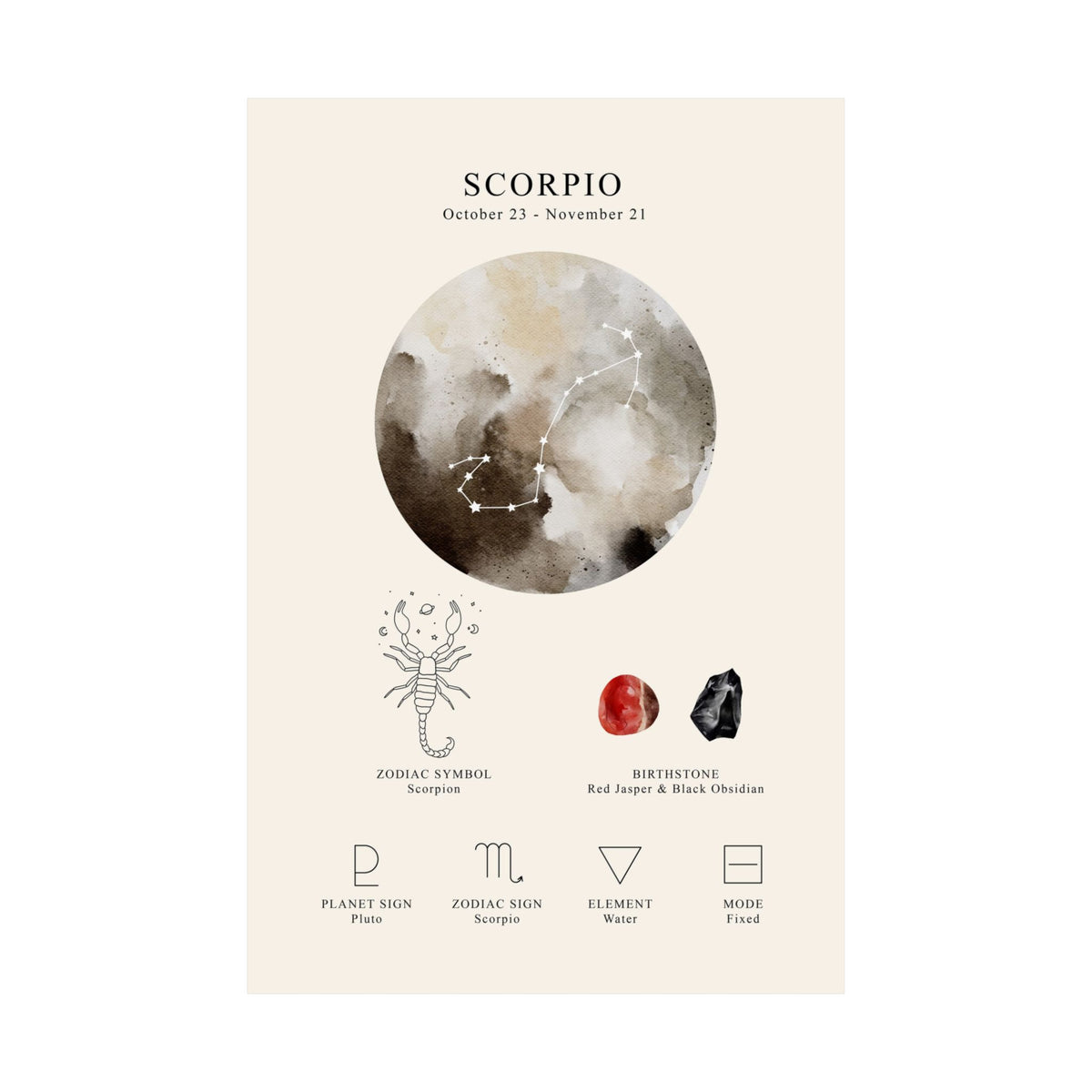 A minimalist astrology poster for Scorpio, featuring a watercolor moon illustration, the zodiac symbol, birthstone colors, and astrological signs on a warm cream background.
