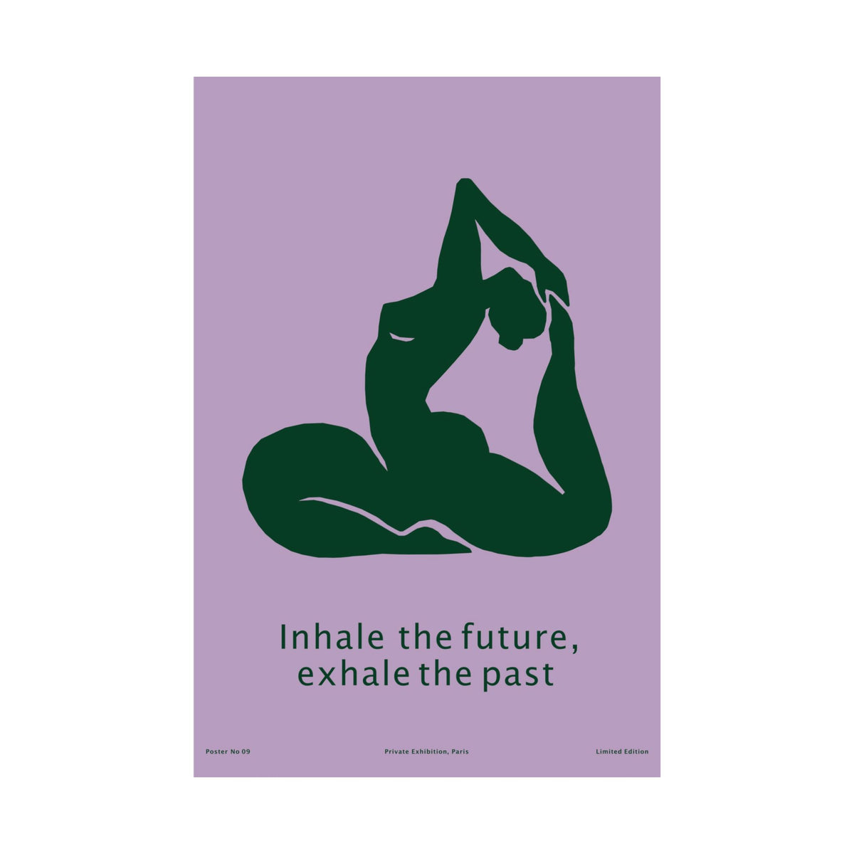 yoga art print featuring a deep-green yoga silhouette and the words “Inhale the future, exhale the past” on a lavender background.