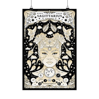 A hanging Sagittarius zodiac art poster with an ornate black-and-cream illustration of a woman's face, stars, clouds, and celestial symbols on a white background.