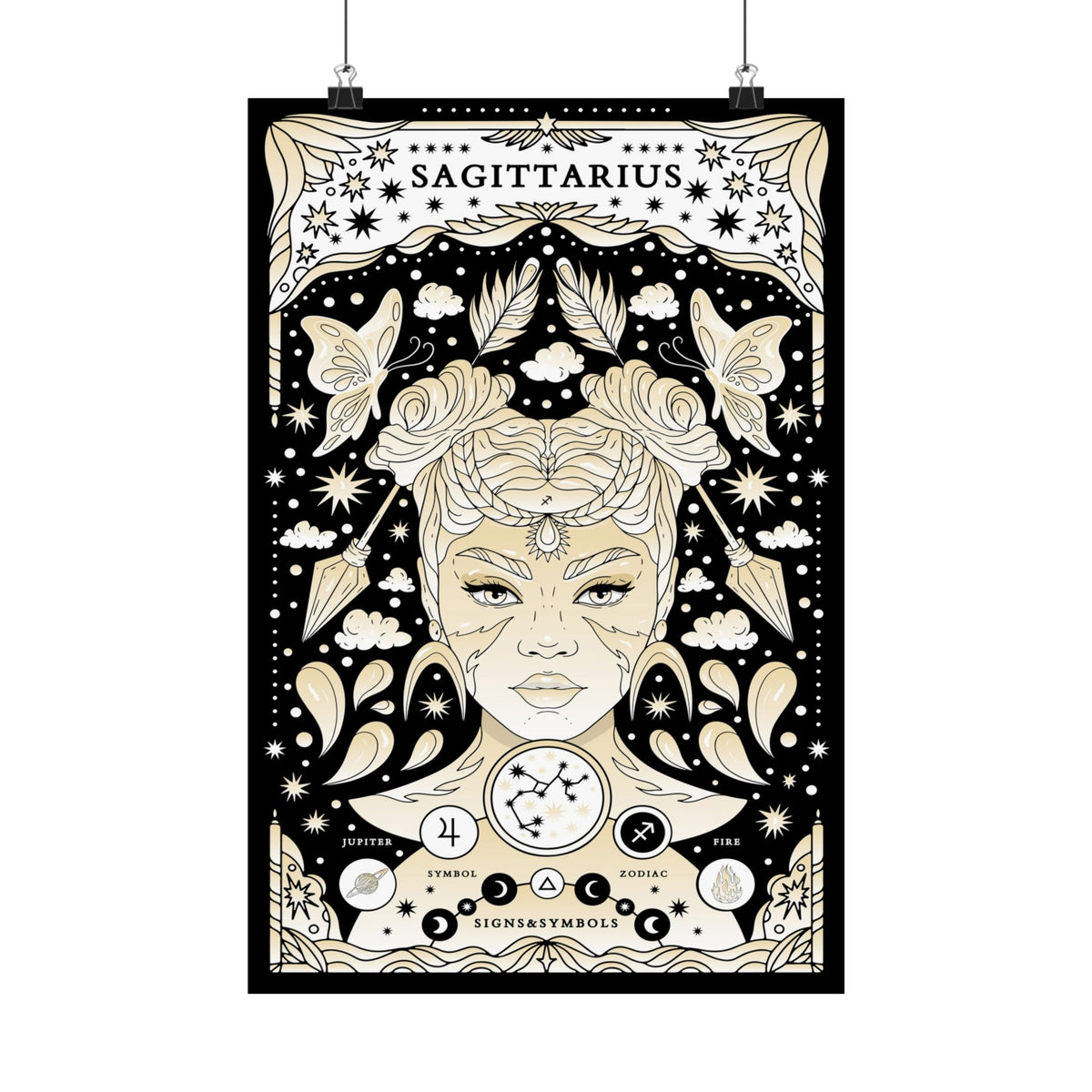 A hanging Sagittarius zodiac art poster with an ornate black-and-cream illustration of a woman's face, stars, clouds, and celestial symbols on a white background.