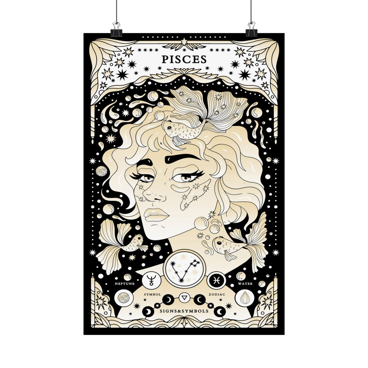 A vertical Pisces zodiac art print or poster hanging from two black clips against a plain white background. The design features a stylized cream-colored face surrounded by celestial and fish motifs on a black background, with the word 'PISCES' at the top.