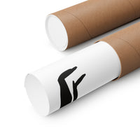 Two brown cardboard mailing tubes on a clean white background, with one tube partially open showing a white interior and a black abstract graphic printed on the paper sleeve.