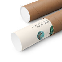 Two brown kraft paper poster tubes on a white background, with one tube partially opened to reveal a cream-colored inner sleeve printed with the text 'BIRTHSTONE lapidary & turquoise' and small circular artwork.