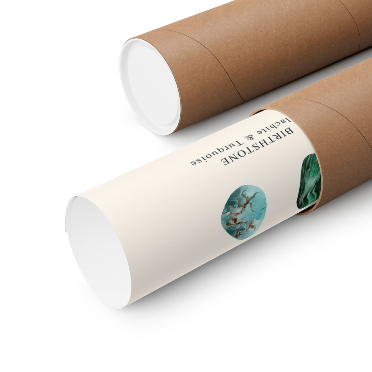 Two brown kraft paper poster tubes on a white background, with one tube partially opened to reveal a cream-colored inner sleeve printed with the text 'BIRTHSTONE lapidary & turquoise' and small circular artwork.