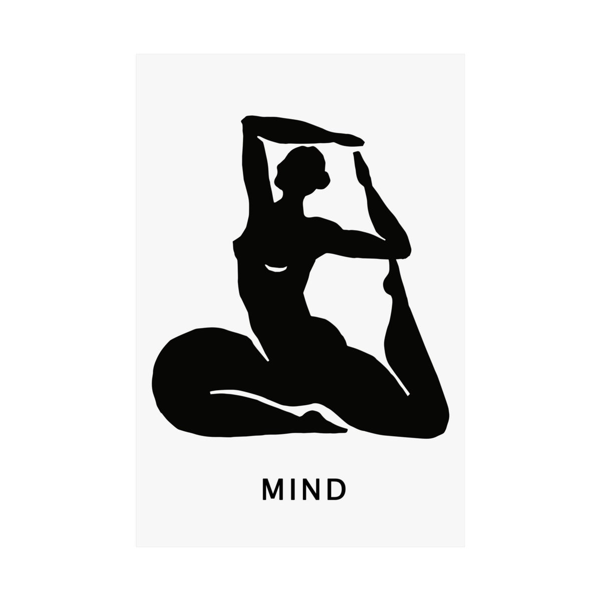 A minimalist black graphic print featuring a silhouette of a woman in a yoga pose with the word 'MIND' printed below in a clean sans-serif font, set against a light gray rectangular card on a white background.