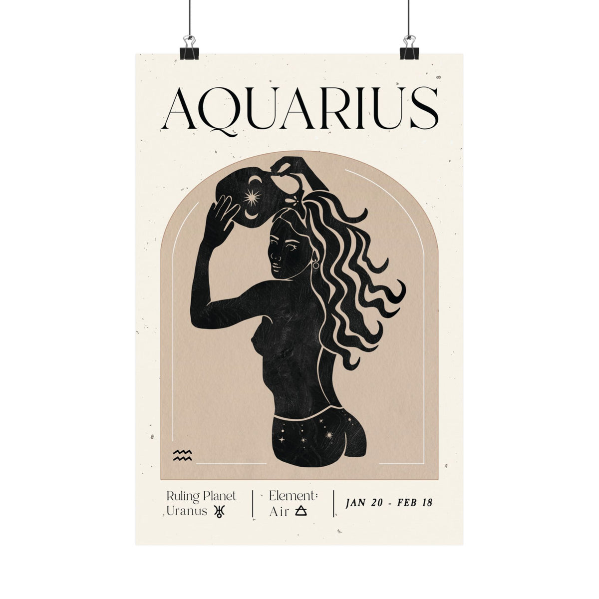 An Aquarius zodiac poster featuring a black silhouette illustration of a woman with flowing hair, set against a beige arch on an off-white background. The poster includes the text 'AQUARIUS' at the top and astrological details at the bottom.