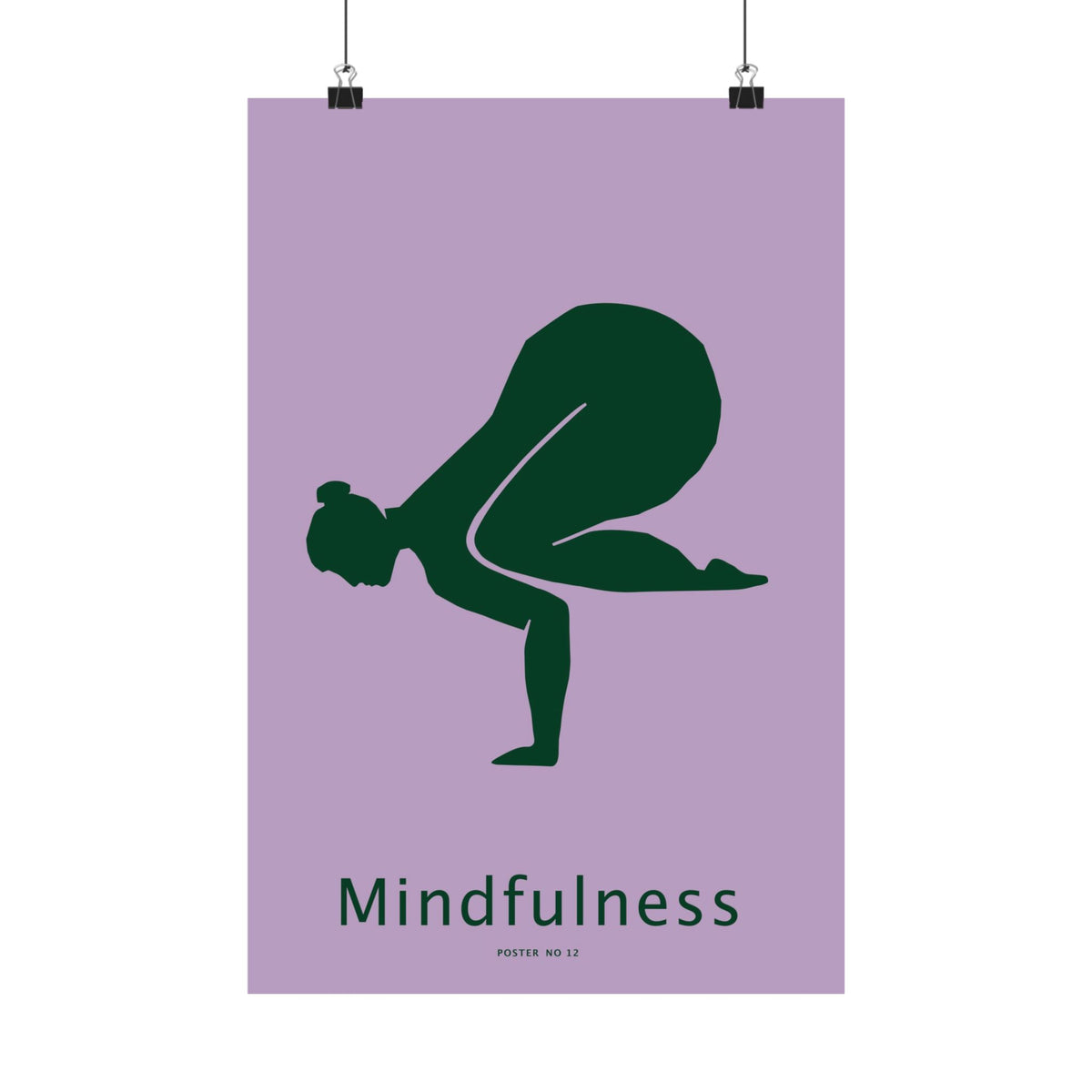 mindfulness yoga art print featuring a deep-green yoga silhouette and the word “Mindfulness” on a lavender background.