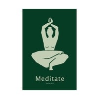 Minimalist meditation art print featuring a seated figure with raised arms in sage green against a forest-green background, 1