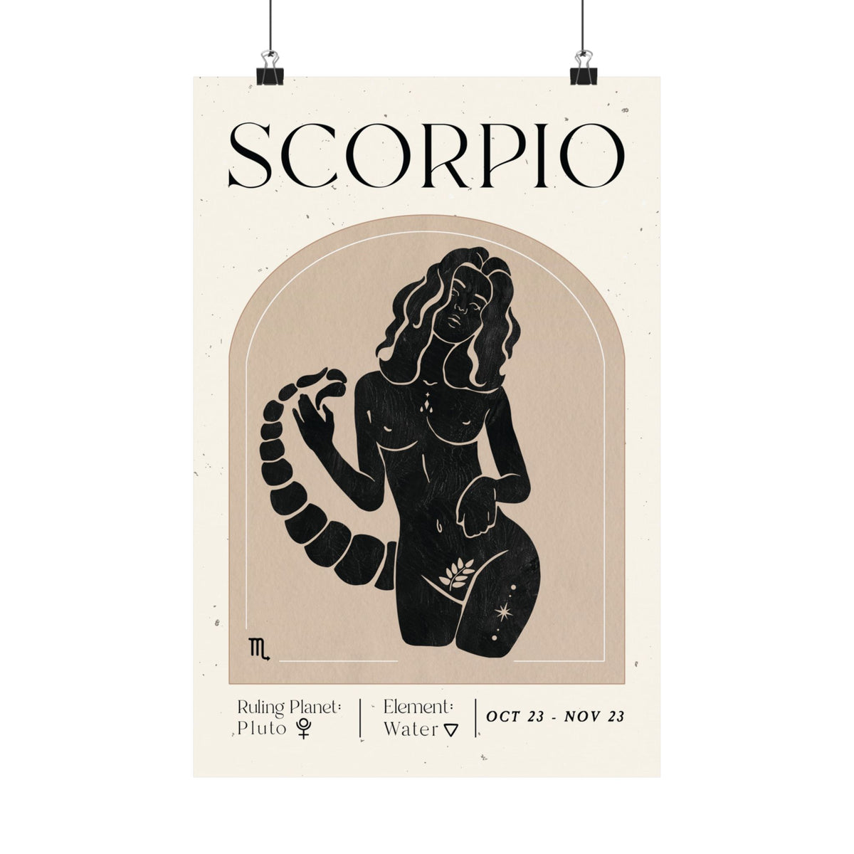 A vertical art print poster featuring a stylized black illustration of a Scorpio woman on a cream background, with the word 'SCORPIO' at the top and astrological details at the bottom.