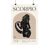 A vertical art print poster featuring a stylized black illustration of a Scorpio woman on a cream background, with the word 'SCORPIO' at the top and astrological details at the bottom.