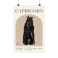 A vertical Capricorn zodiac poster with a cream background, black text reading 'CAPRICORN' at the top, and a central black illustration of a nude female figure inside a tan arch. Smaller text at the bottom includes 'Ruling Planet Saturn', 'Element Earth', and date ranges 'DEC 22 - JAN 20'.
