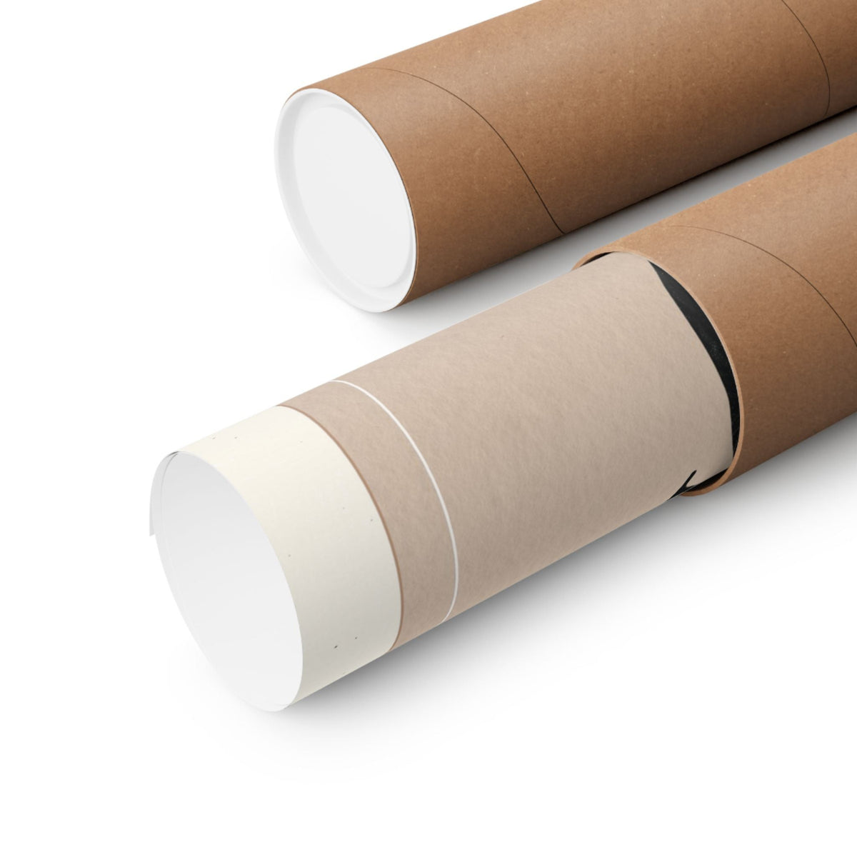 Two brown kraft paper mailing tubes with white inner liners, shown on a clean white background.