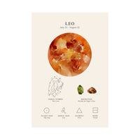 A vertical astrology poster for the LEO zodiac sign, featuring a watercolor orange and red sun graphic, a line drawing of a lion, crystals, and small icons explaining the sun sign, lunar sign, element fire, and mode fixed, all on a warm cream background.