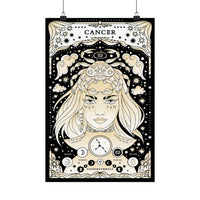 A vertical black-and-cream tarot-style poster featuring a woman's bust with celestial motifs, stars, clouds, and the word 'CANCER' at the top, hanging against a light gray background with two clips.