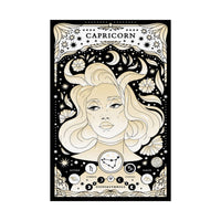 A vertical Capricorn zodiac art print featuring a stylized cream-colored woman's face with horns, surrounded by black stars, crescent moons, flowers, and celestial symbols on a white background.