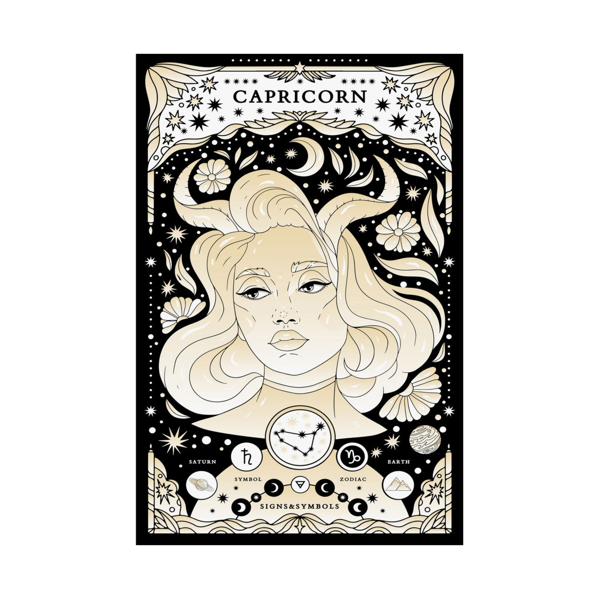 A vertical Capricorn zodiac art print featuring a stylized cream-colored woman's face with horns, surrounded by black stars, crescent moons, flowers, and celestial symbols on a white background.