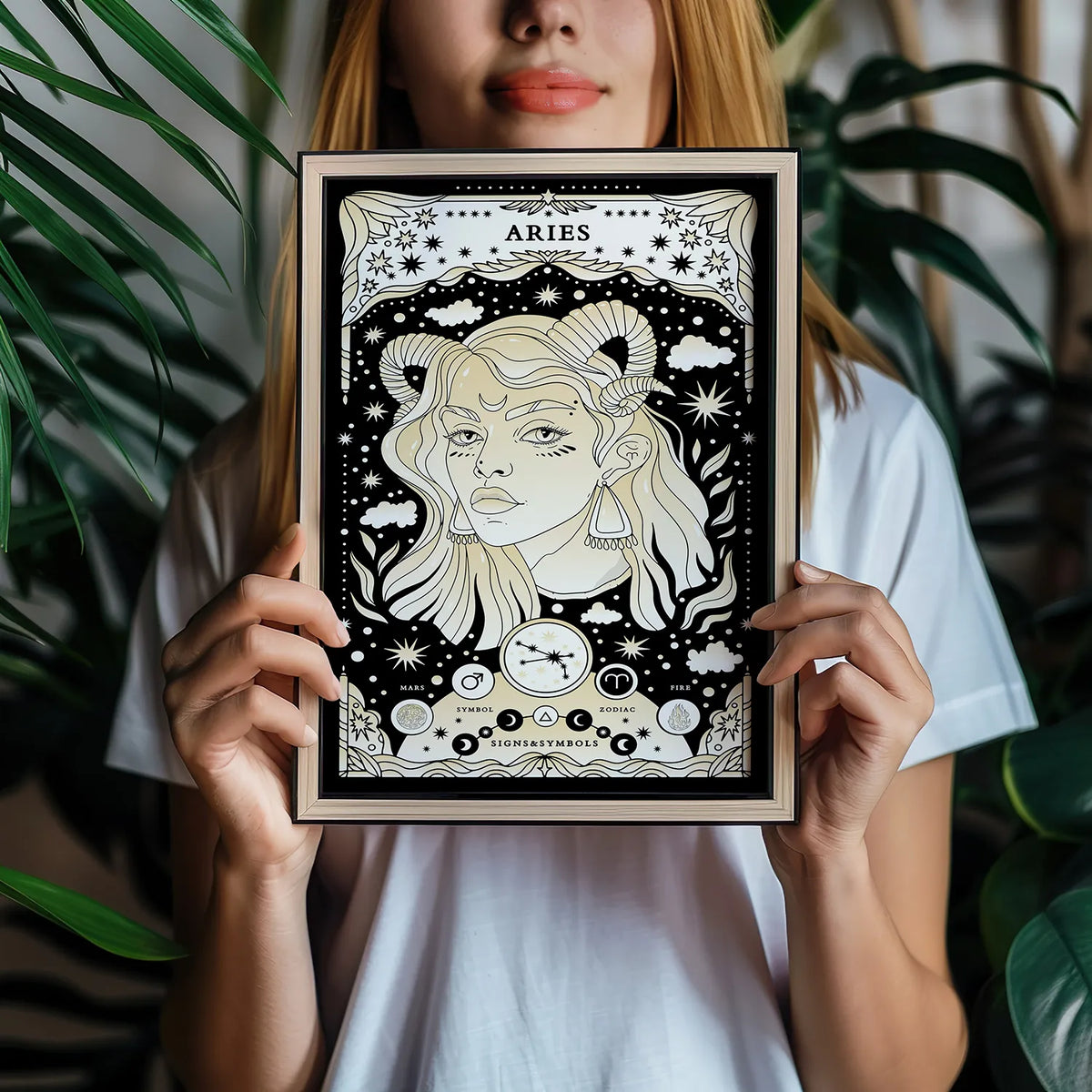Aries cosmic zodiac portrait featuring a feminine figure with Ram horns surrounded by stars, Aries constellation, Mars symbol, and Fire element
