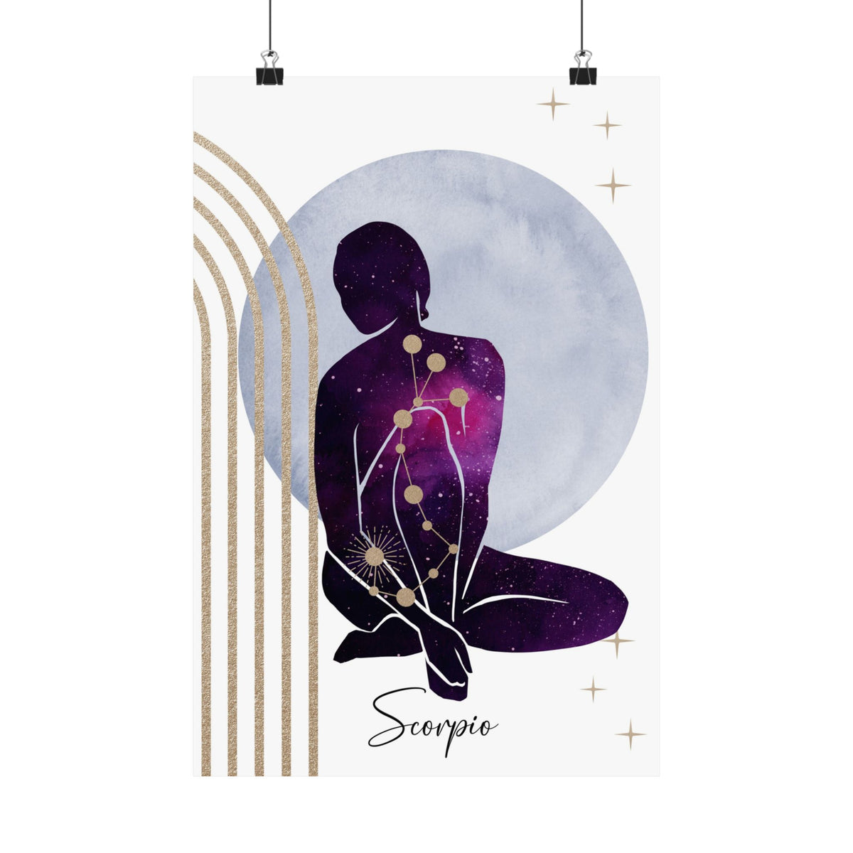 A vertical art print featuring a seated silhouette in a purple and pink galaxy pattern with gold constellation lines, set against a large pale blue-gray moon and gold arches on a white background. The word 'Scorpio' is written at the bottom, and the print is shown hanging from two black clips.