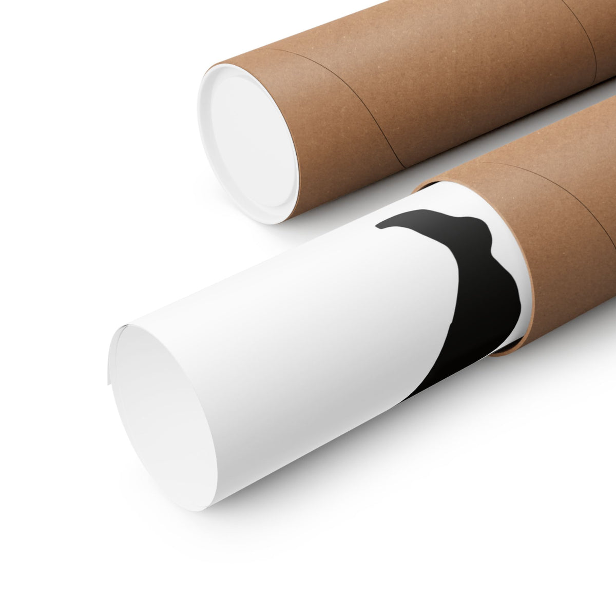 Two brown cardboard mailing tubes on a clean white background, one fully closed and one partially open showing a white interior with a black graphic or label attached.