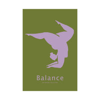 yoga art print featuring a lavender yoga silhouette on an olive-green background, displayed in a black frame.