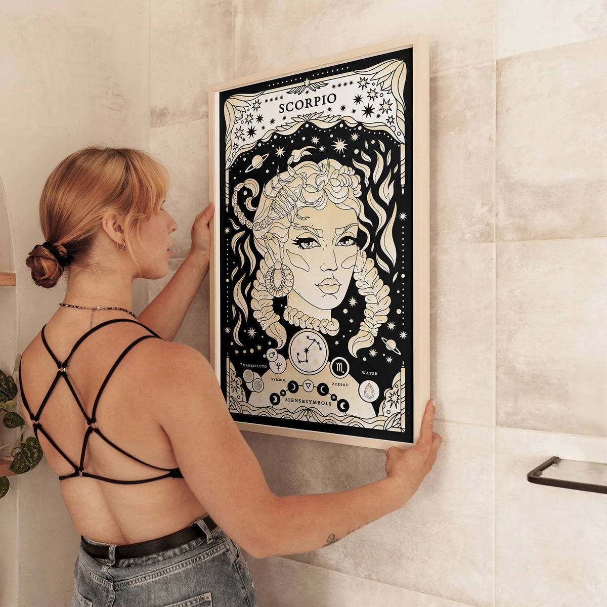 Scorpio cosmic zodiac portrait featuring a feminine figure surrounded by a scorpion, stars, planets, Scorpio constellation, Mars and Pluto symbols, and Water element