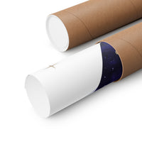 Two brown cardboard poster tubes on a clean white background, with one tube partially opened to reveal a space-themed print featuring a dark blue starry sky and a small gold star detail.