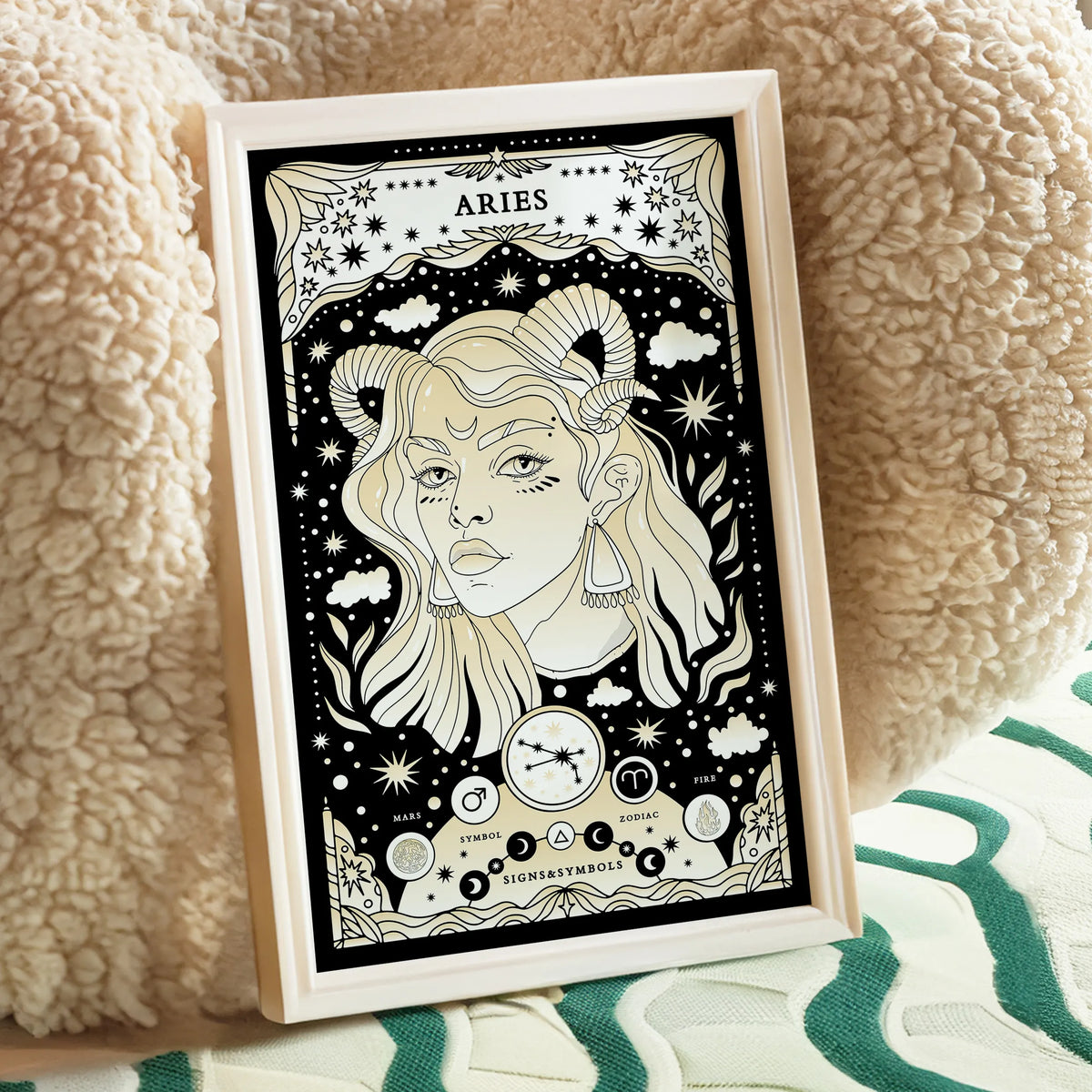 Aries cosmic zodiac portrait featuring a feminine figure with Ram horns surrounded by stars, Aries constellation, Mars symbol, and Fire element