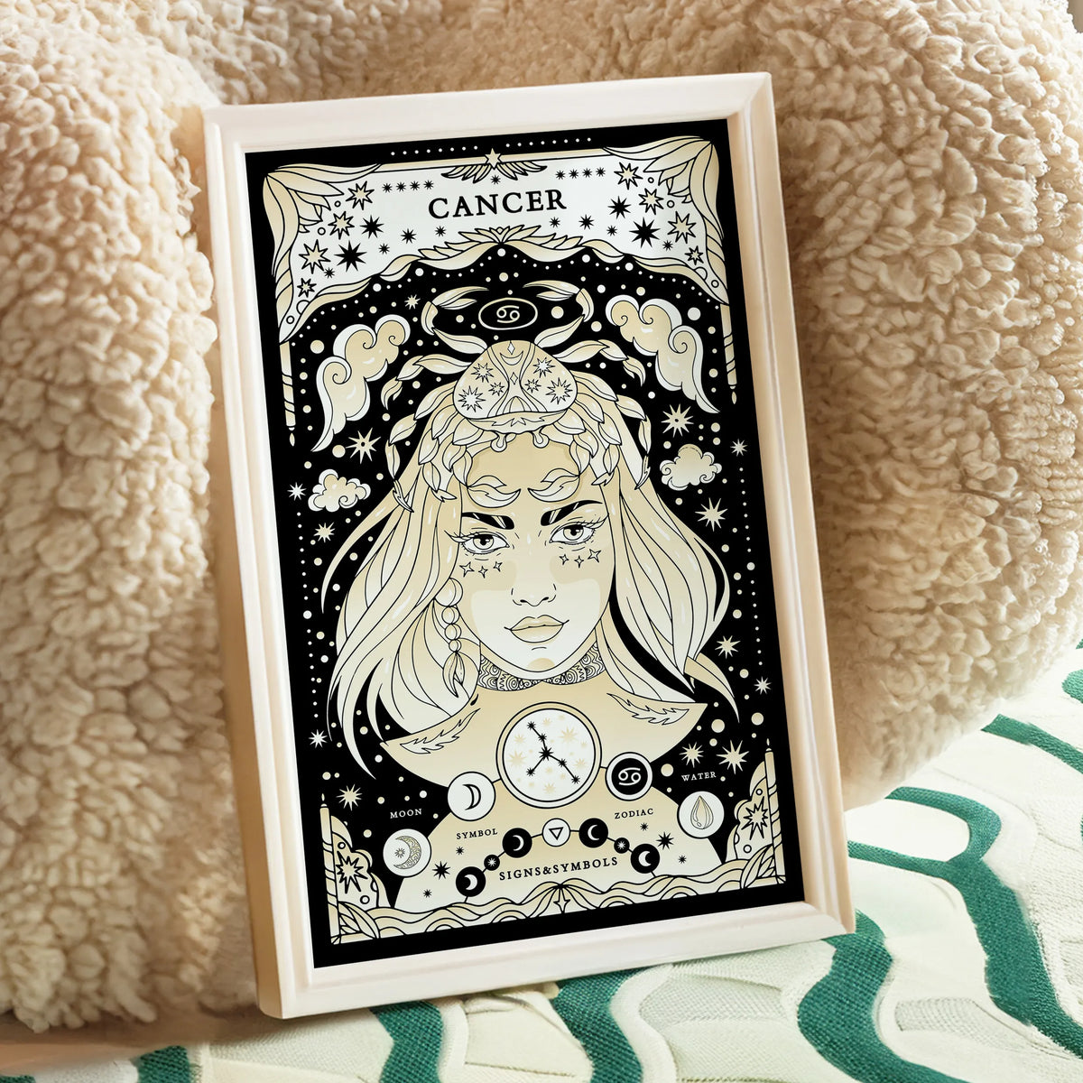 poster leaning against chair Cancer cosmic zodiac portrait featuring a feminine figure with Crab symbolism surrounded by stars, Cancer constellation, Moon symbol, and Water element