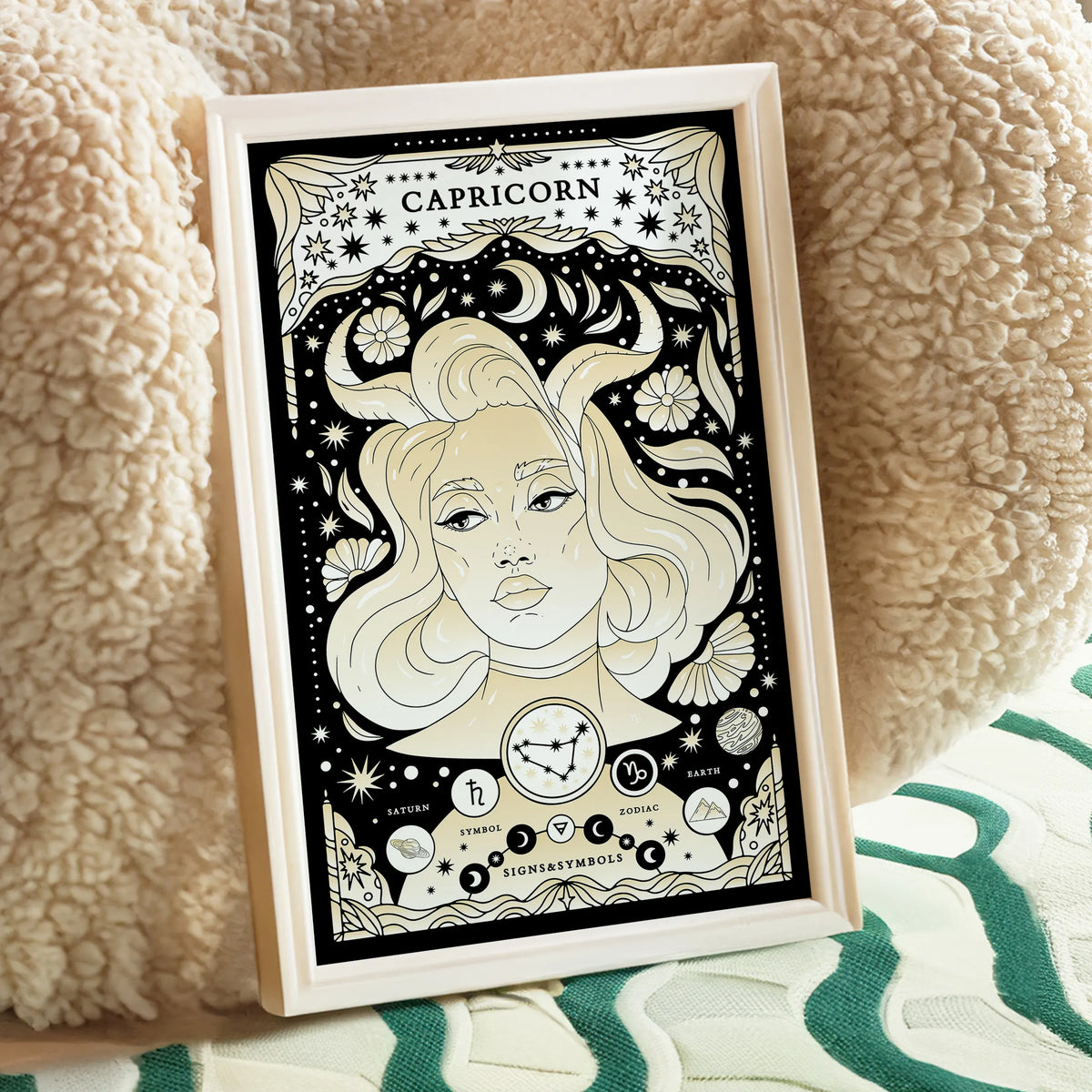 Celebrate Capricorn with an ornate cosmic portrait featuring the Capricorn constellation, zodiac symbol, Saturn, Earth element, and celestial details.