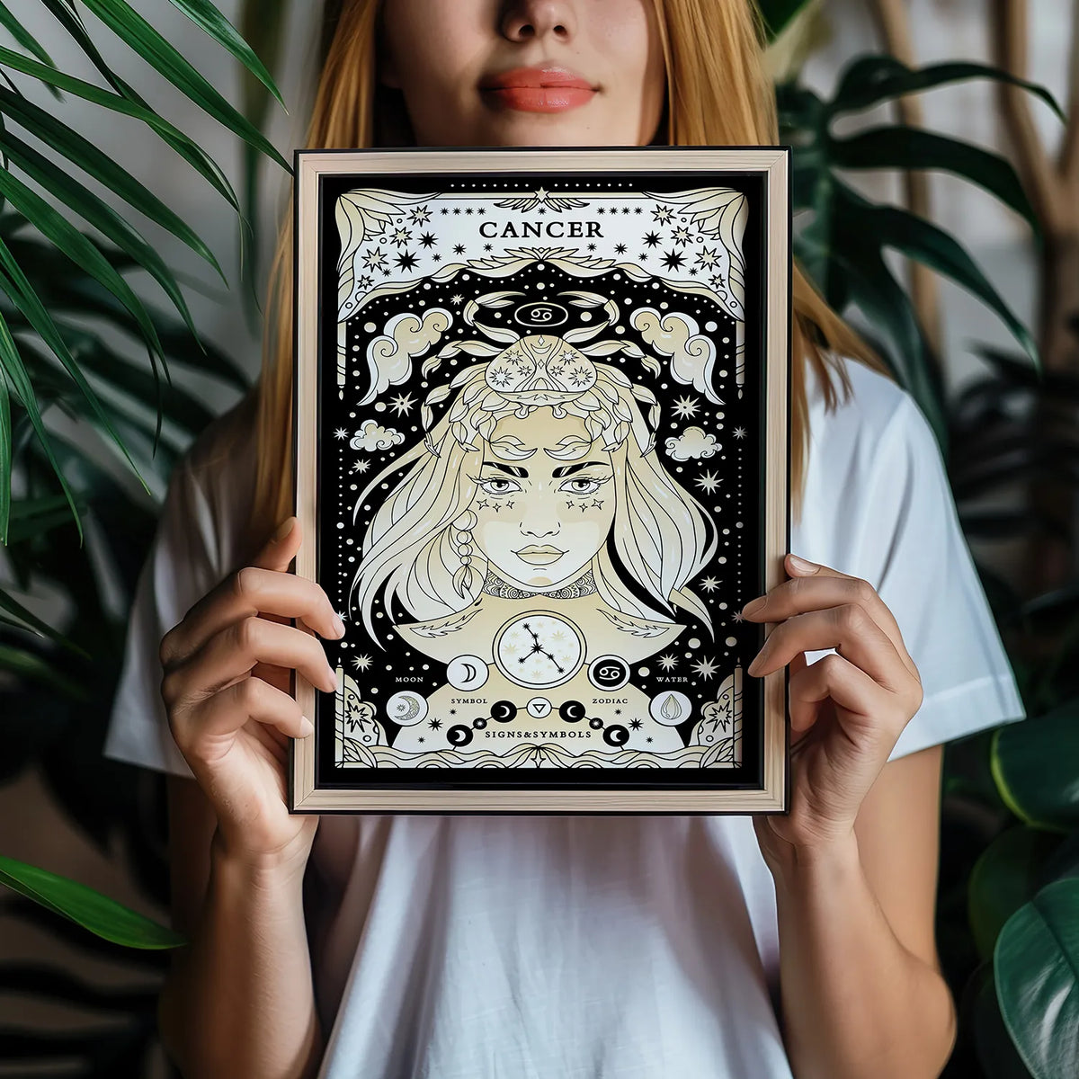 woman holding frame with Cancer cosmic zodiac portrait featuring a feminine figure with Crab symbolism surrounded by stars, Cancer constellation, Moon symbol, and Water element