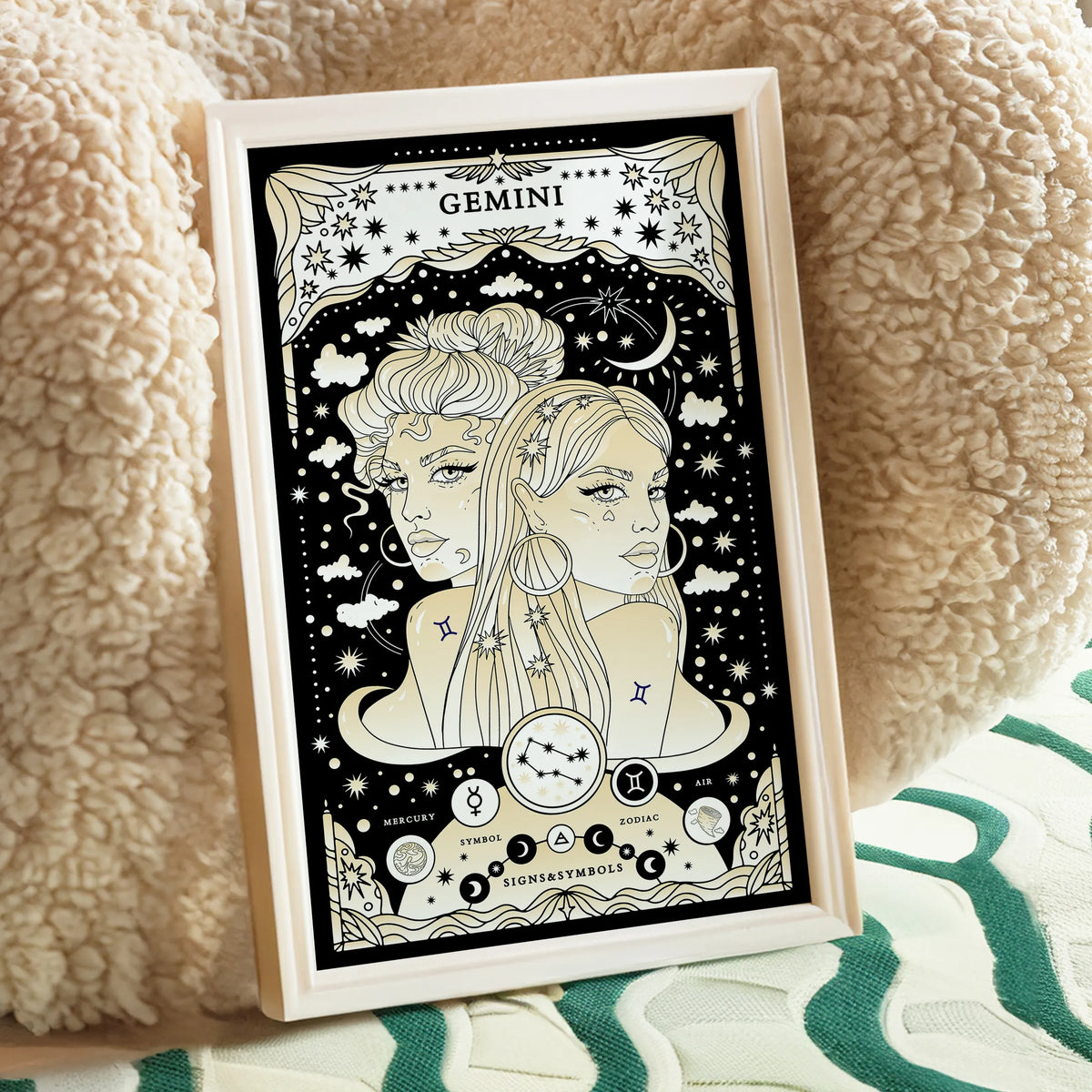 poster leaning on chair Gemini cosmic zodiac portrait featuring two feminine figures surrounded by stars, Gemini constellation, Mercury symbol, and Air element
