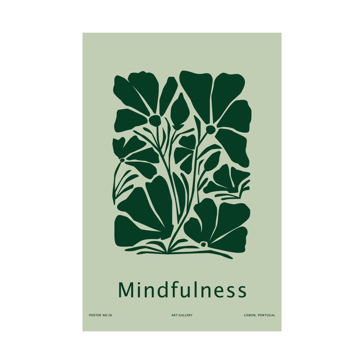 Minimalist mindfulness art print featuring bold dark-green botanical flowers and the word “Mindfulness” on a pale-green background