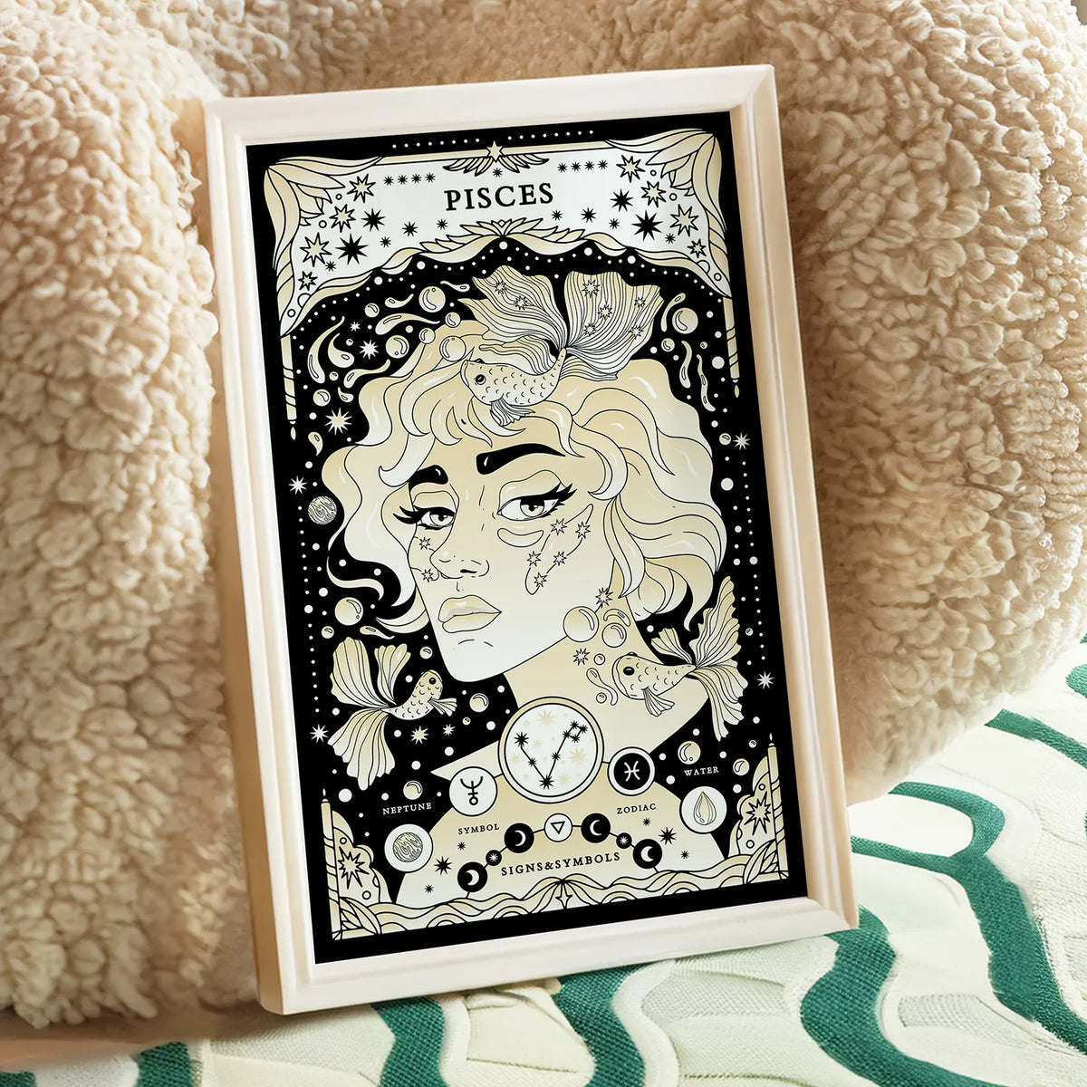 poster leaning on chair Pisces cosmic zodiac portrait featuring a feminine figure surrounded by fish, stars, Pisces constellation, Neptune symbol, and Water element