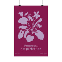  botanical art print featuring lavender flowers on a rich berry-pink background with the words “Progress, not perfection.”