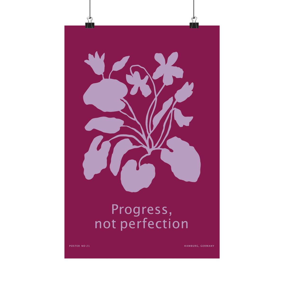  botanical art print featuring lavender flowers on a rich berry-pink background with the words “Progress, not perfection.”