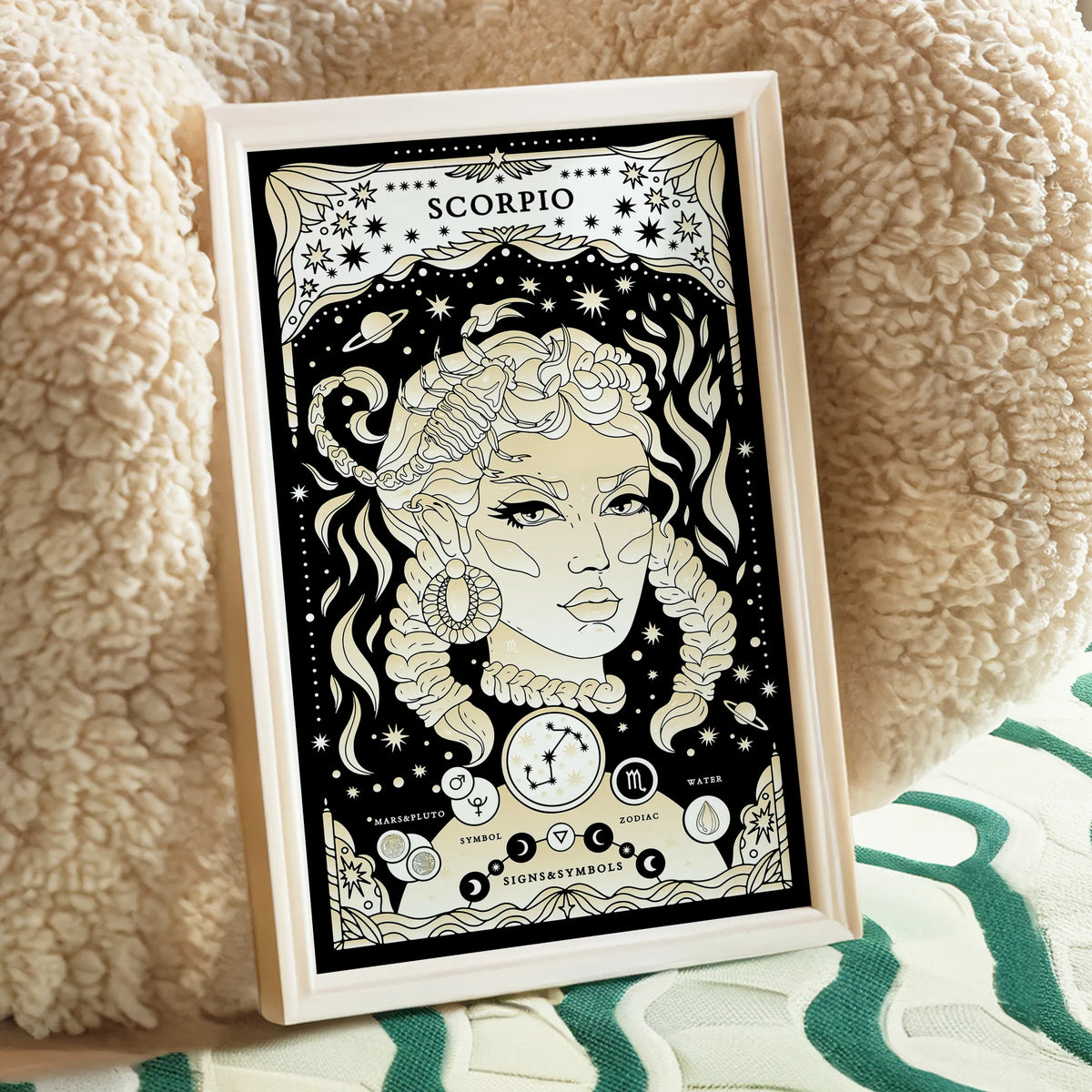 poster leaning against chair Scorpio cosmic zodiac portrait featuring a feminine figure surrounded by a scorpion, stars, planets, Scorpio constellation, Mars and Pluto symbols, and Water element