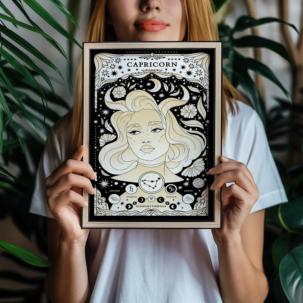 woman holding Celebrate Capricorn with an ornate cosmic portrait featuring the Capricorn constellation, zodiac symbol, Saturn, Earth element, and celestial details.
