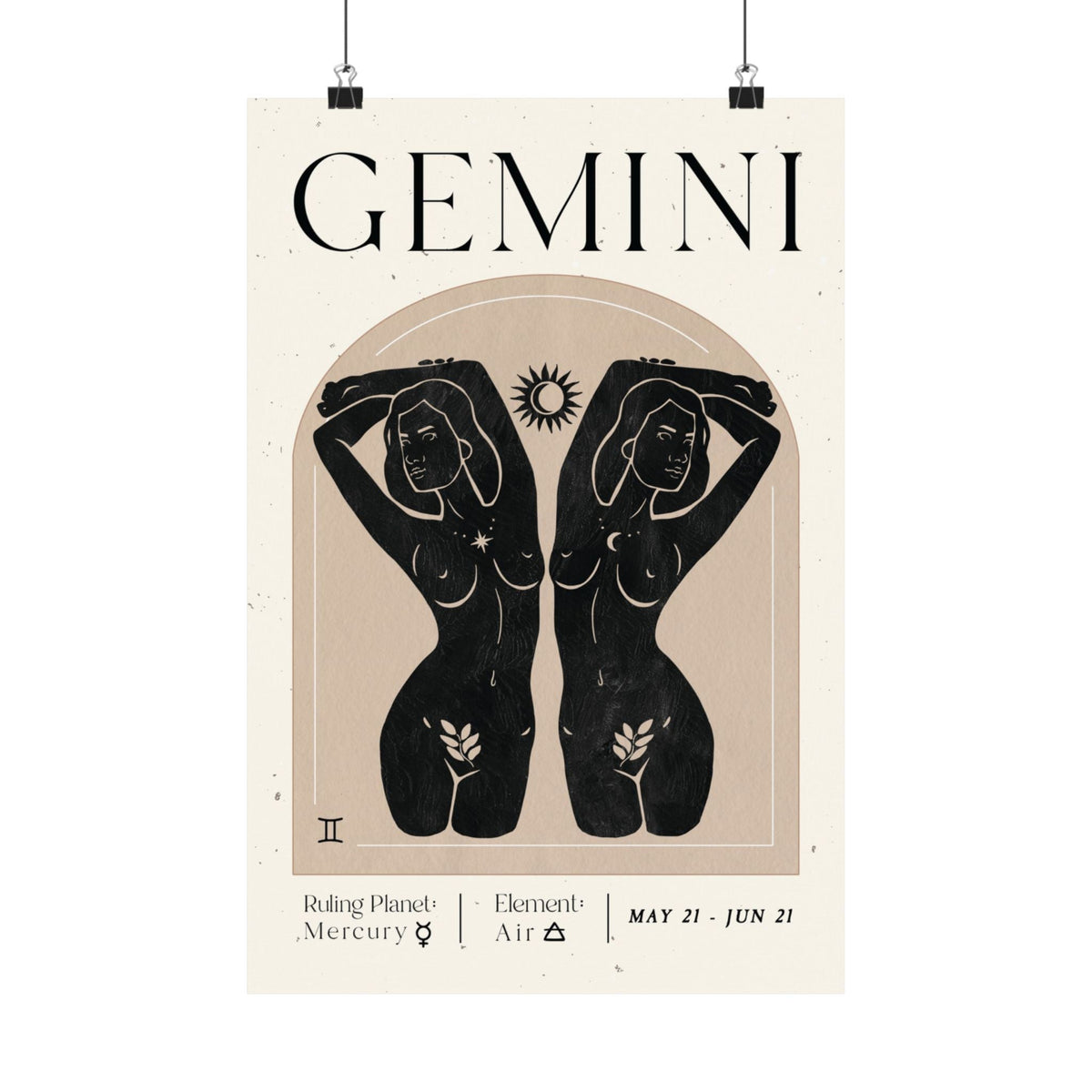 A vertical Gemini zodiac poster with black text and black illustrated female figures on a warm cream background, hanging against a white wall with two black clips.