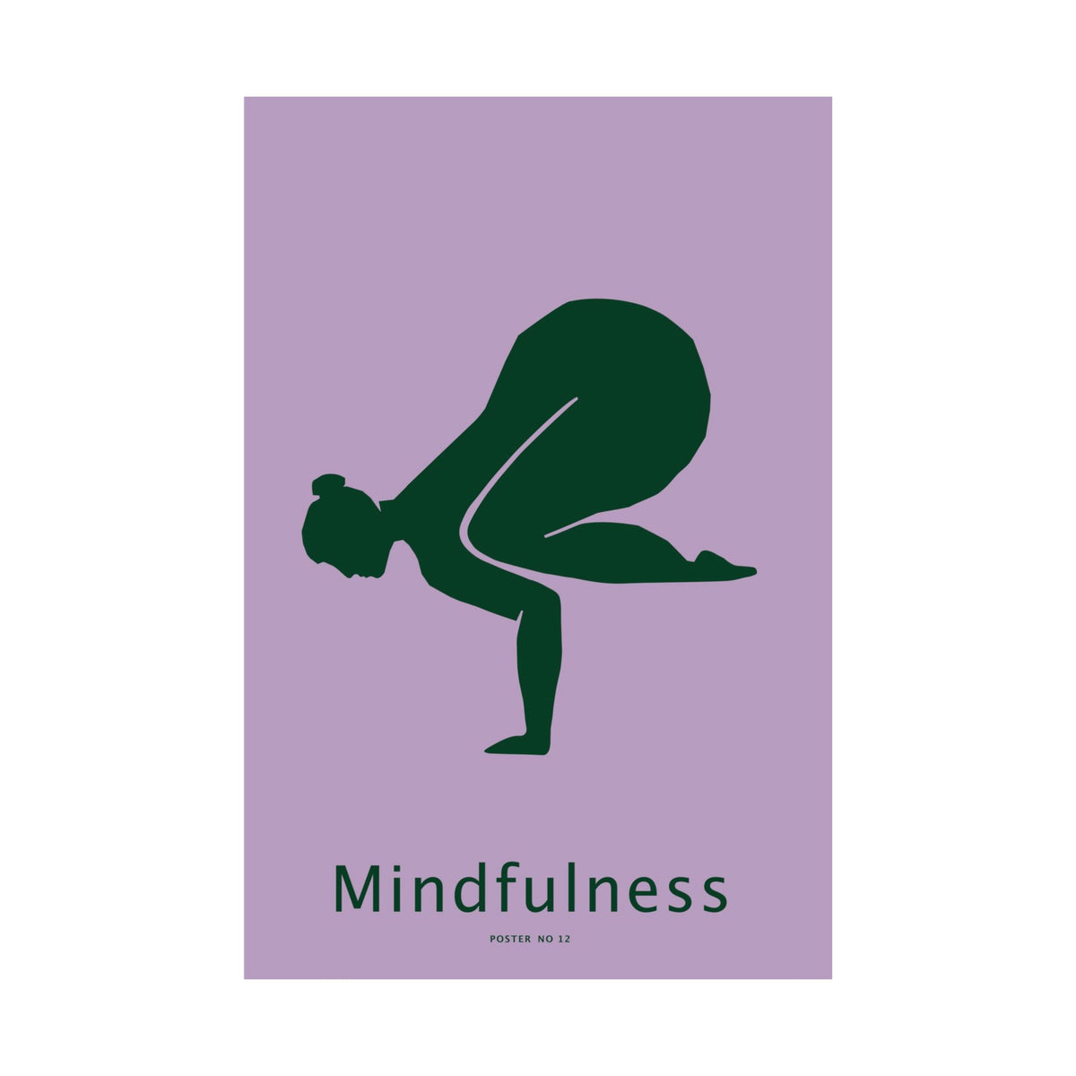 mindfulness yoga art prints featuring a deep-green yoga silhouette and the word “Mindfulness” on a lavender background.
