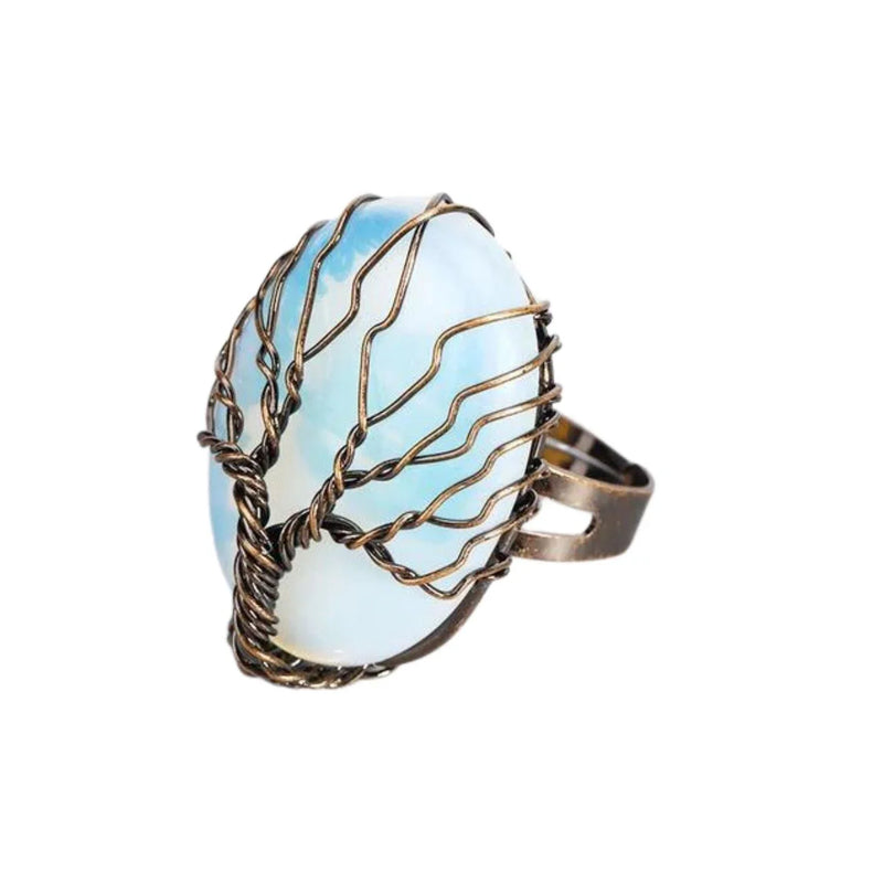 Opalite gemstone ring with bronze wire wrapped tree of life design, spiritual jewelry