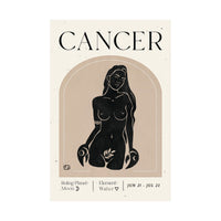 A minimalist poster or art print featuring the word 'CANCER' at the top, with a stylized black illustration of a seated nude female figure inside a beige arched frame on an off-white background. Text at the bottom reads 'Ruling Planet Moon', 'Element Water', and 'JUN 21 - JUL 23'.