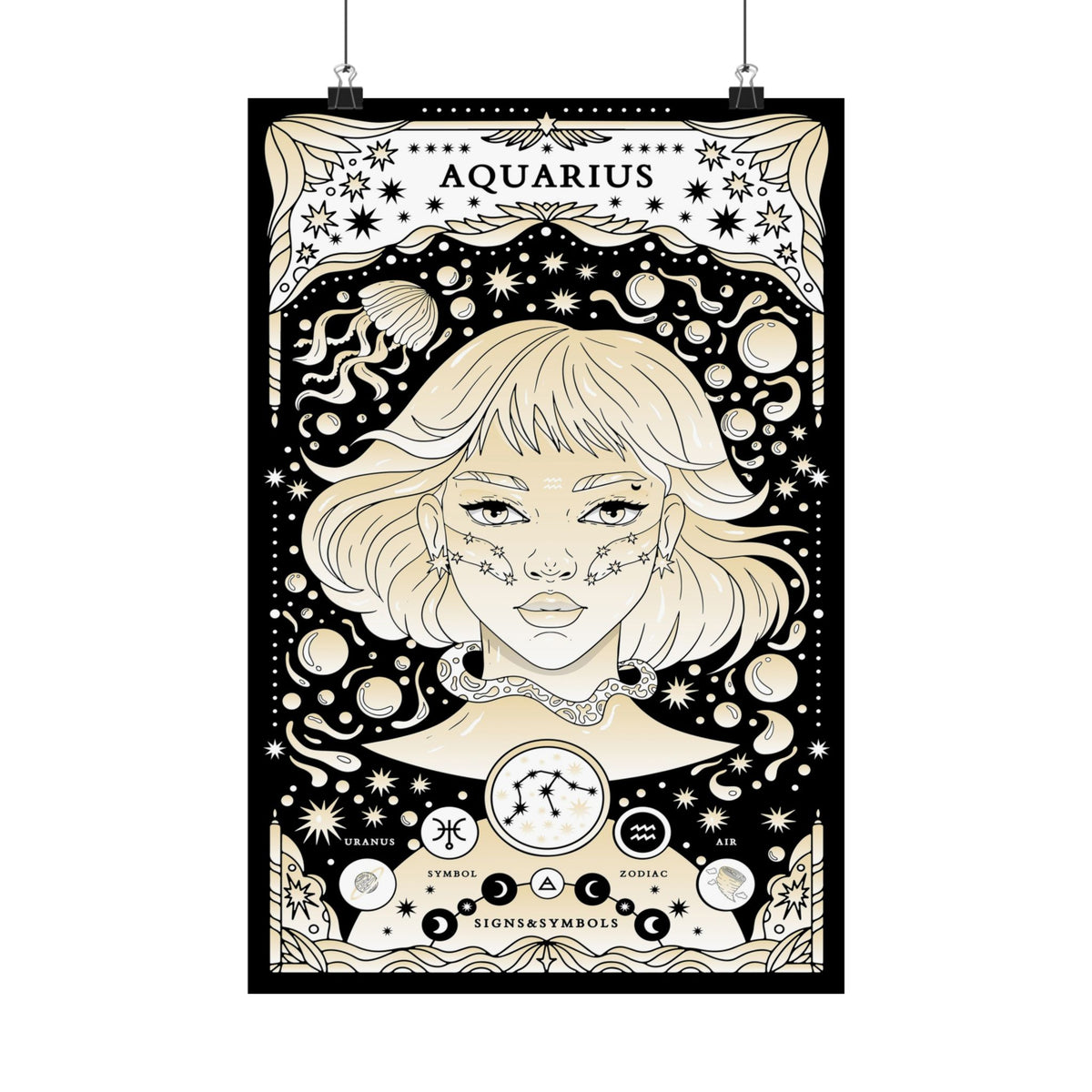 A vertical black-and-cream astrology poster featuring the Aquarius zodiac sign, with an illustrated woman's face, stars, moons, and astrological symbols. The poster is shown hanging against a white background with two black clips at the top.