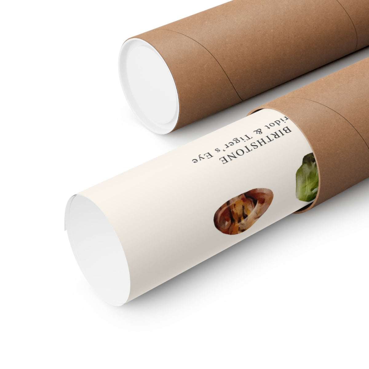 Two cylindrical brown kraft paper display tubes on a white background, with one tube partially opened to reveal a cream-colored interior printed with the text 'BIRCHSTONE fiddler & tiger's eye'.