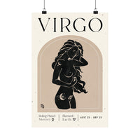 A vertical art print poster featuring a stylized black silhouette of a woman inside an arched beige frame on an off-white background. The word 'VIRGO' appears prominently at the top, with additional zodiac-related text at the bottom including 'Ruling Planet Mercury' and 'Element Earth'.