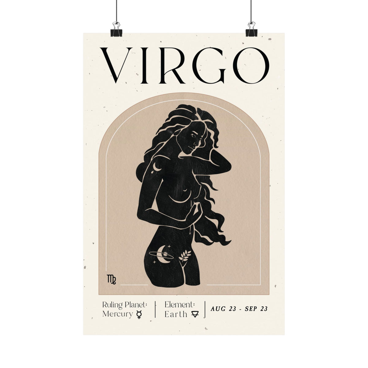 A vertical art print poster featuring a stylized black silhouette of a woman inside an arched beige frame on an off-white background. The word 'VIRGO' appears prominently at the top, with additional zodiac-related text at the bottom including 'Ruling Planet Mercury' and 'Element Earth'.