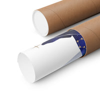Two brown cardboard poster tubes on a white background, with one tube partially opened to reveal a blue space-themed print with gold constellation details.