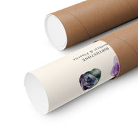 Two brown kraft paper shipping tubes, one labeled 'BIRCHSTONE & FLUORITE' with watercolor illustrations of green and purple crystals, shown on a clean white background.