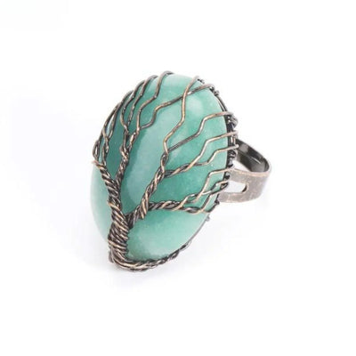 Green gemstone ring with wire wrapped tree of life design, spiritual jewelry