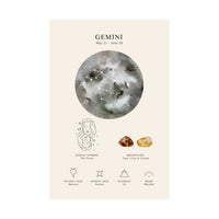 A vertical astrology poster for Gemini, featuring a watercolor-style gray and white moon illustration, the Gemini date range, a line drawing of a woman, two small birthstones, and small icons for planet sign Mercury, zodiac sign Gemini, element Arc, and mode Mental. The poster is centered on a light beige background with white margins on the left and right.