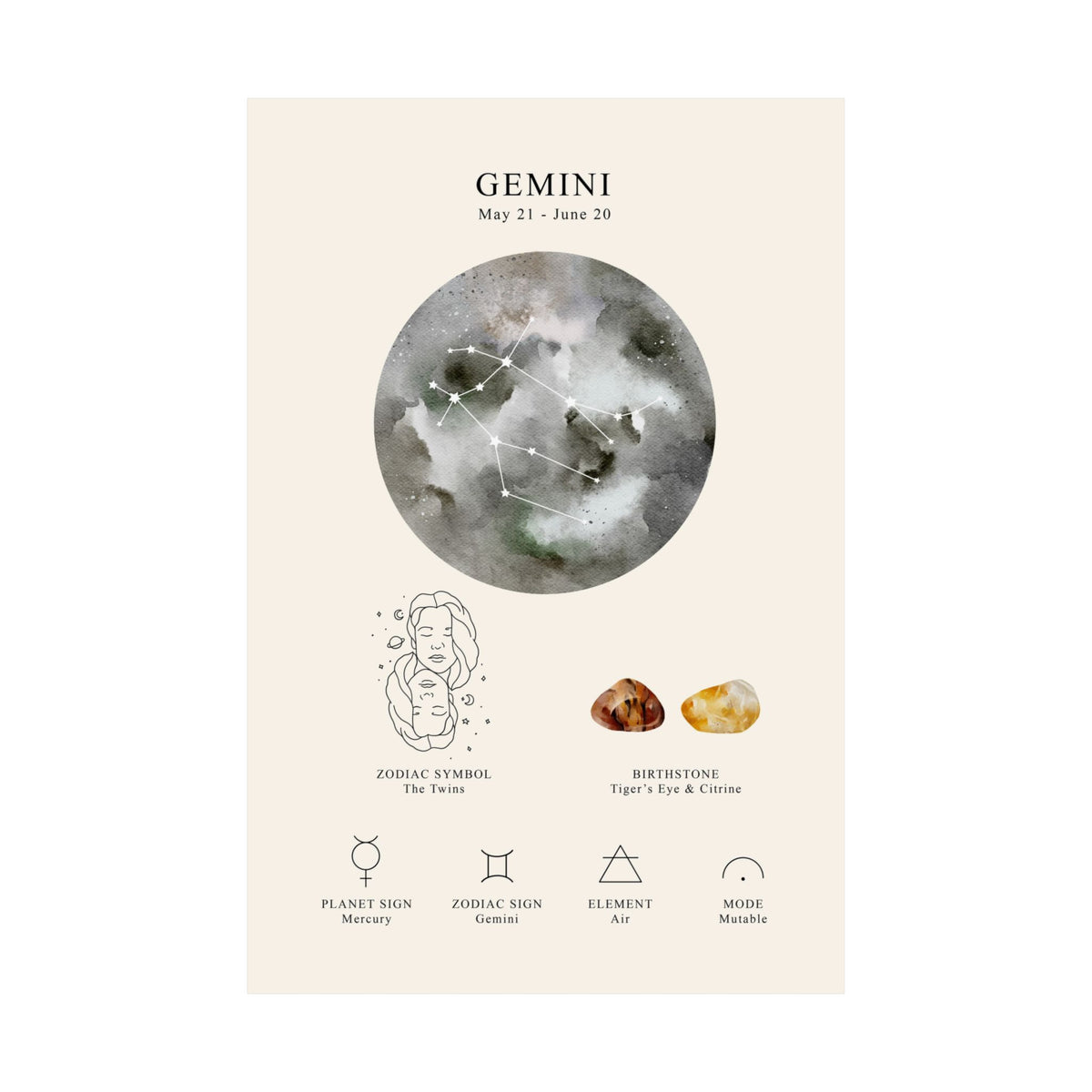 A vertical astrology poster for Gemini, featuring a watercolor-style gray and white moon illustration, the Gemini date range, a line drawing of a woman, two small birthstones, and small icons for planet sign Mercury, zodiac sign Gemini, element Arc, and mode Mental. The poster is centered on a light beige background with white margins on the left and right.